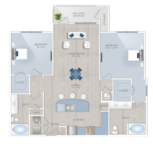 Floor plan for 2 beds, 2 baths, 1208 sqft